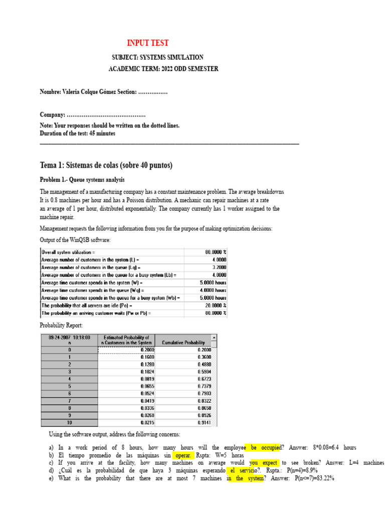 Entry Test - Colque Gomez Valeria - Systems Simulation | PDF | Applied ...