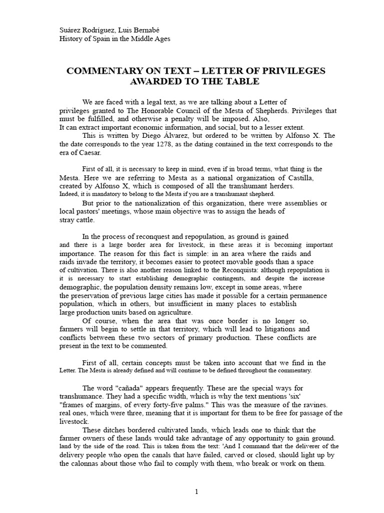 COMMENTARY On TEXT - Privileges Granted To La Mesta (1278) | PDF