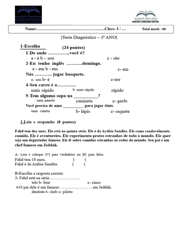 Teste Diagnóstico de Inglês - 3º Ano | PDF
