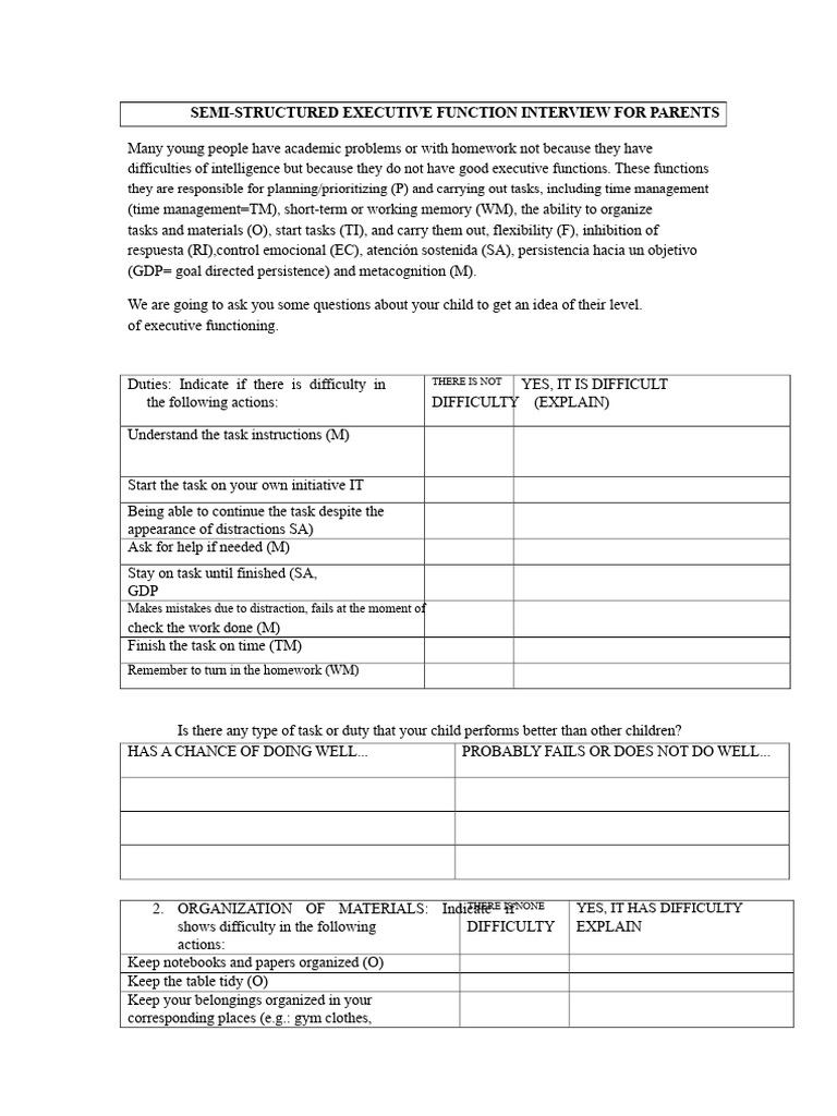 Executive Function Interview for Parents | PDF | Executive Functions ...