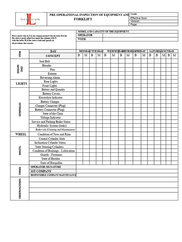 Forklift Pre-Operational Inspection Checklist | PDF | Forklift ...