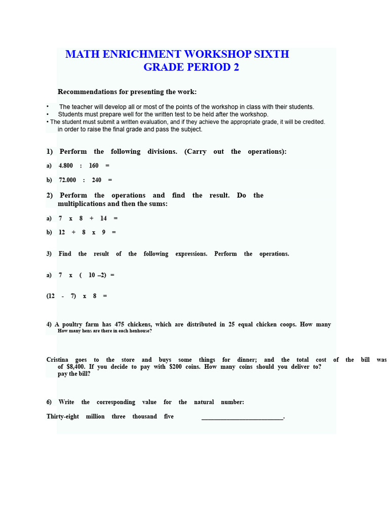 Sixth Grade Math Reinforcement Workshop Period 2 | PDF | Poultry Farming