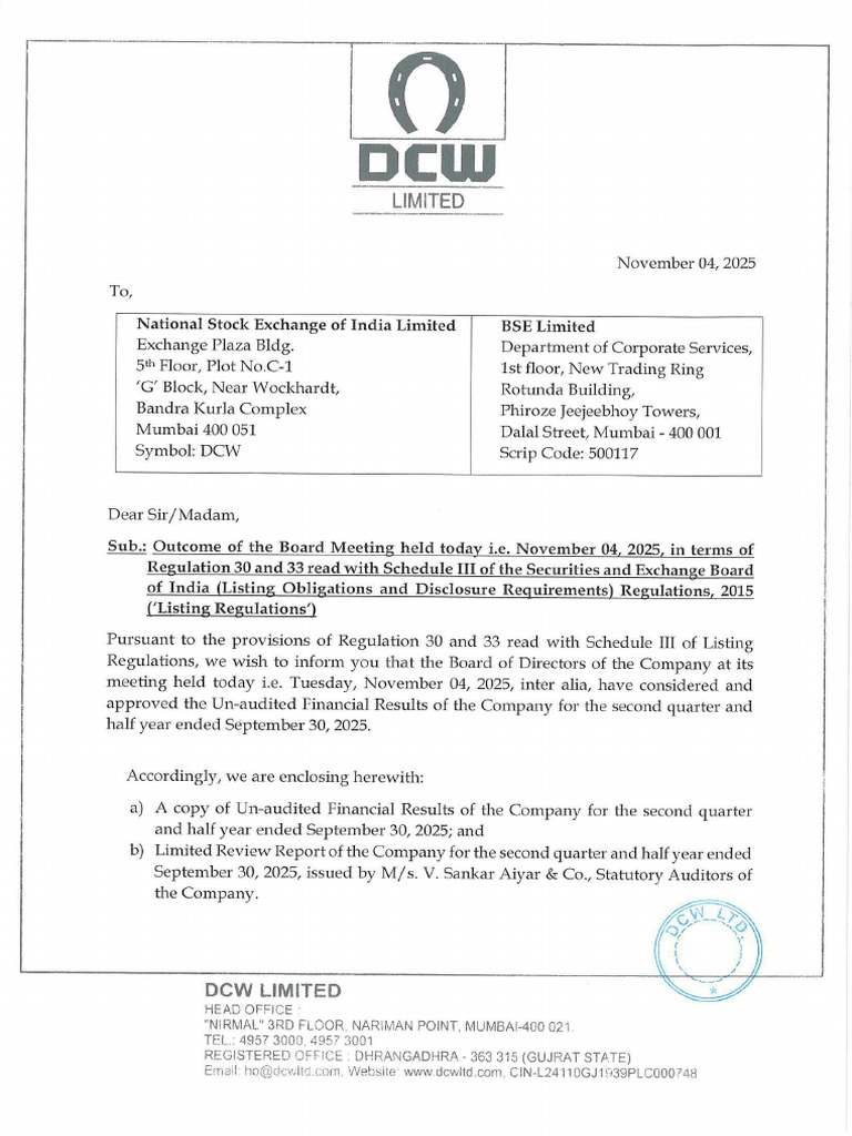 DCW Limited Q2 2025 Financial Results | PDF | Equity (Finance) | Audit