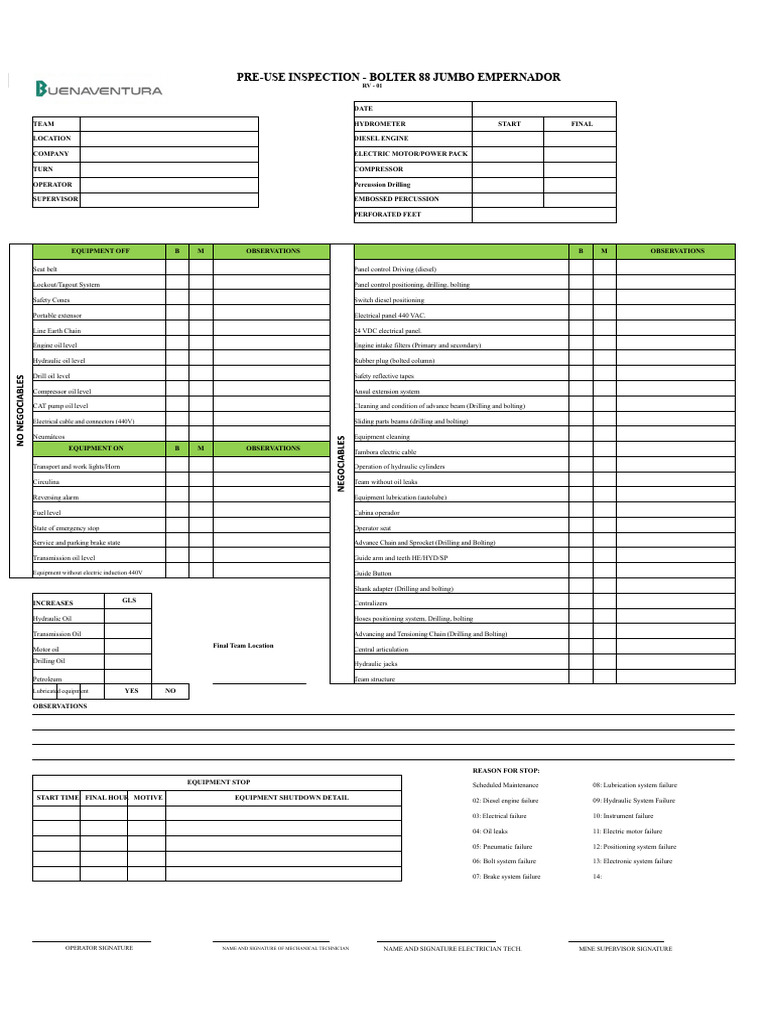 Bolter 88 Jumbo Pre-Use Inspection Checklist | PDF | Oil Well | Engines