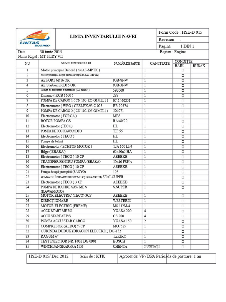 Hse-D 015 Lista de Inventar A Navei | PDF