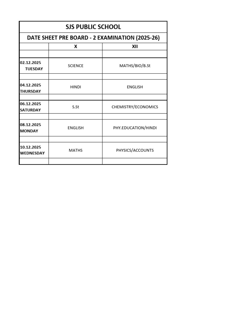 2025-26 Pre Board Exam Date Sheet | PDF