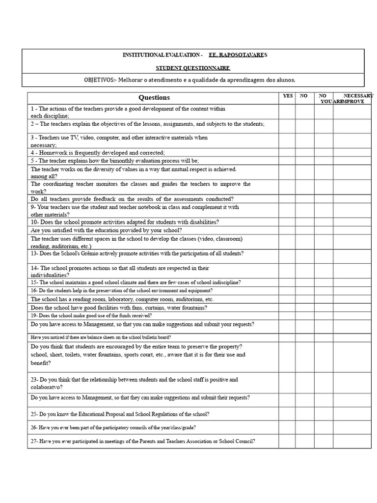 Student Satisfaction Survey for School Evaluation | PDF | Teachers ...