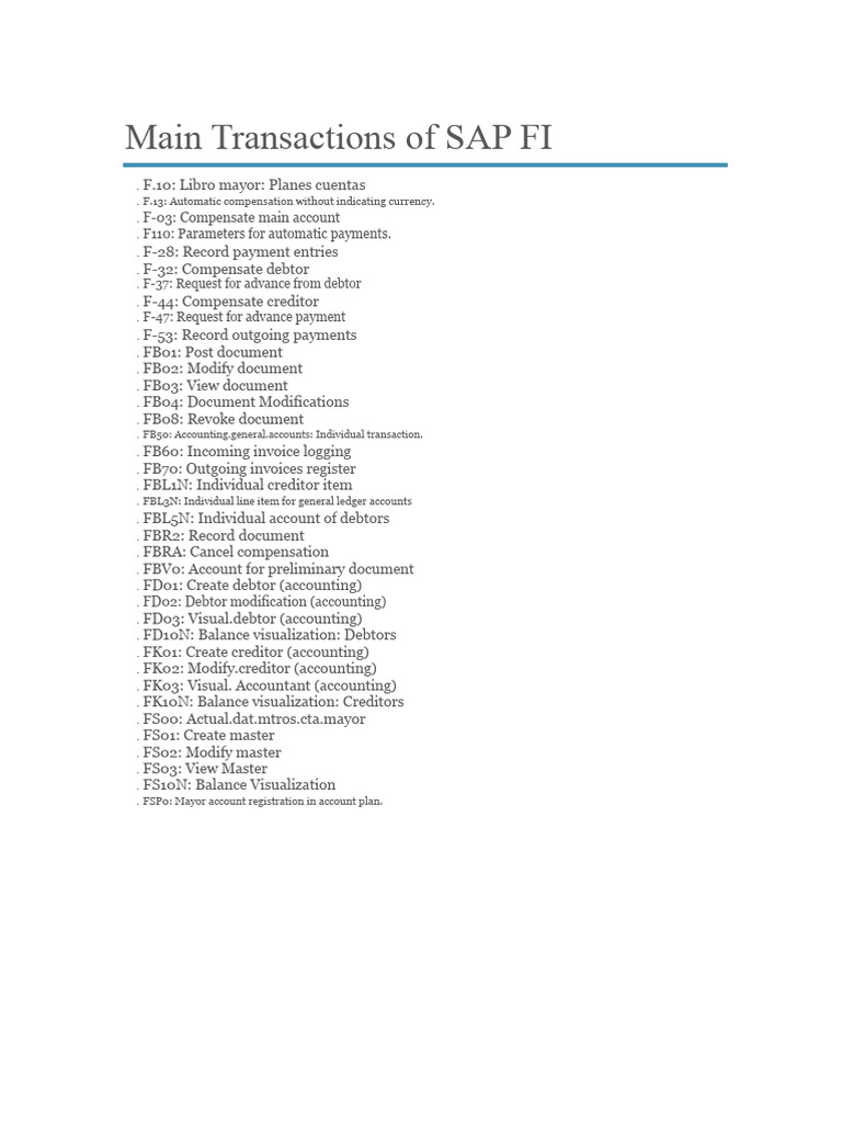 Main Transactions of SAP Module FI | PDF