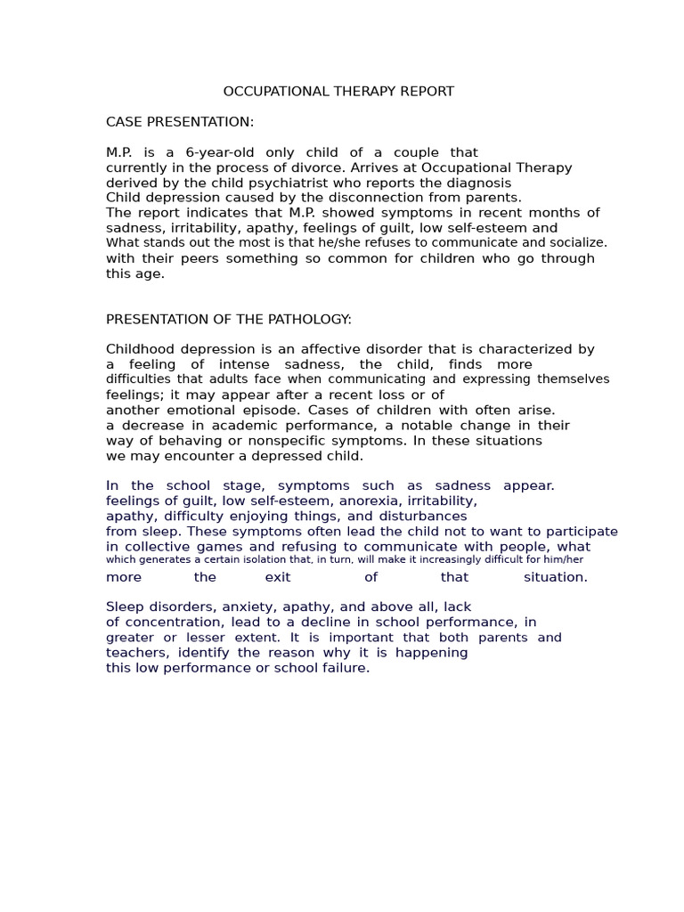 Occupational Therapy Report | PDF | Major Depressive Disorder | Psychology