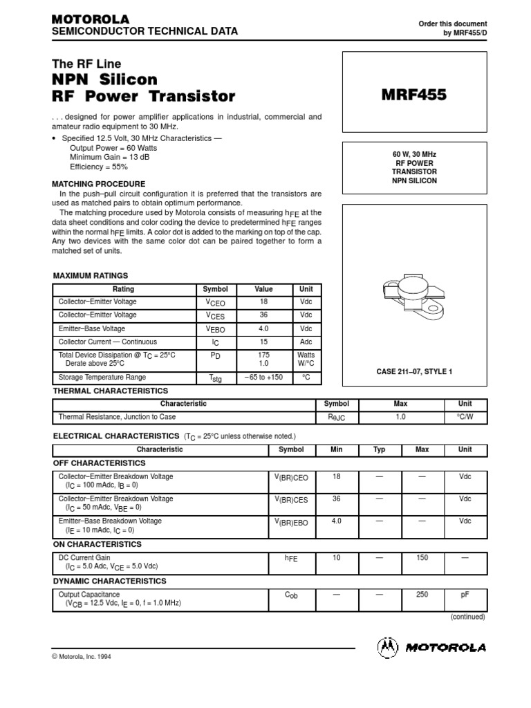 MRF455 RF Power Transistor Datasheet | PDF | Bipolar Junction ...