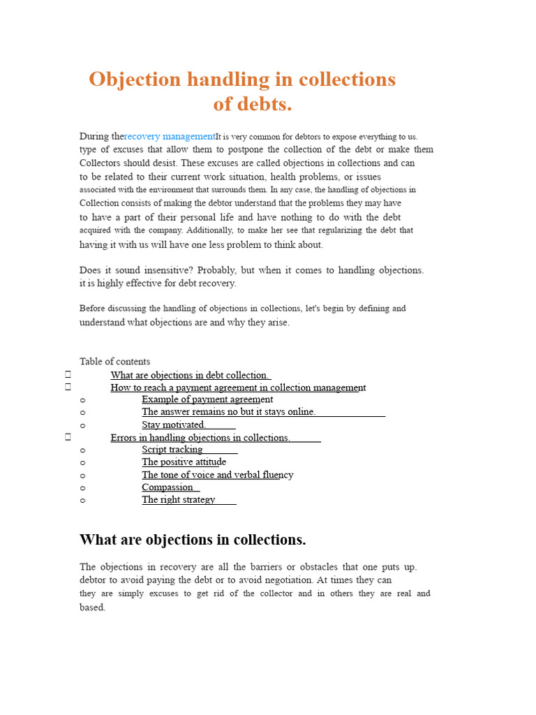 Effective Objection Handling in Debt Collection | PDF | Debt | Debtor