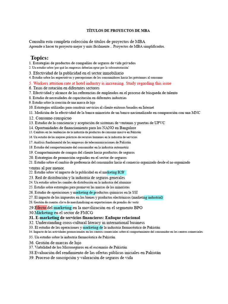 Temas de MBA Relacionados Con Proyectos de MBA en Recursos Humanos ...