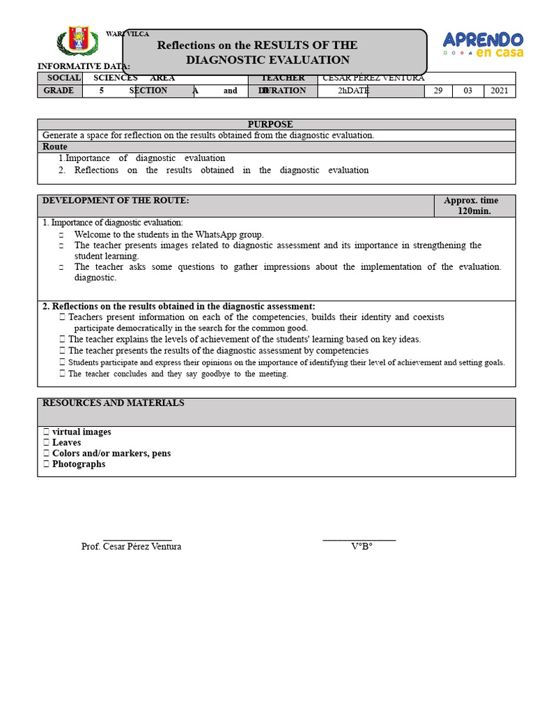 REFLECTION PATH ON DIAGNOSTIC EVALUATION 5th A and E DPCC | PDF