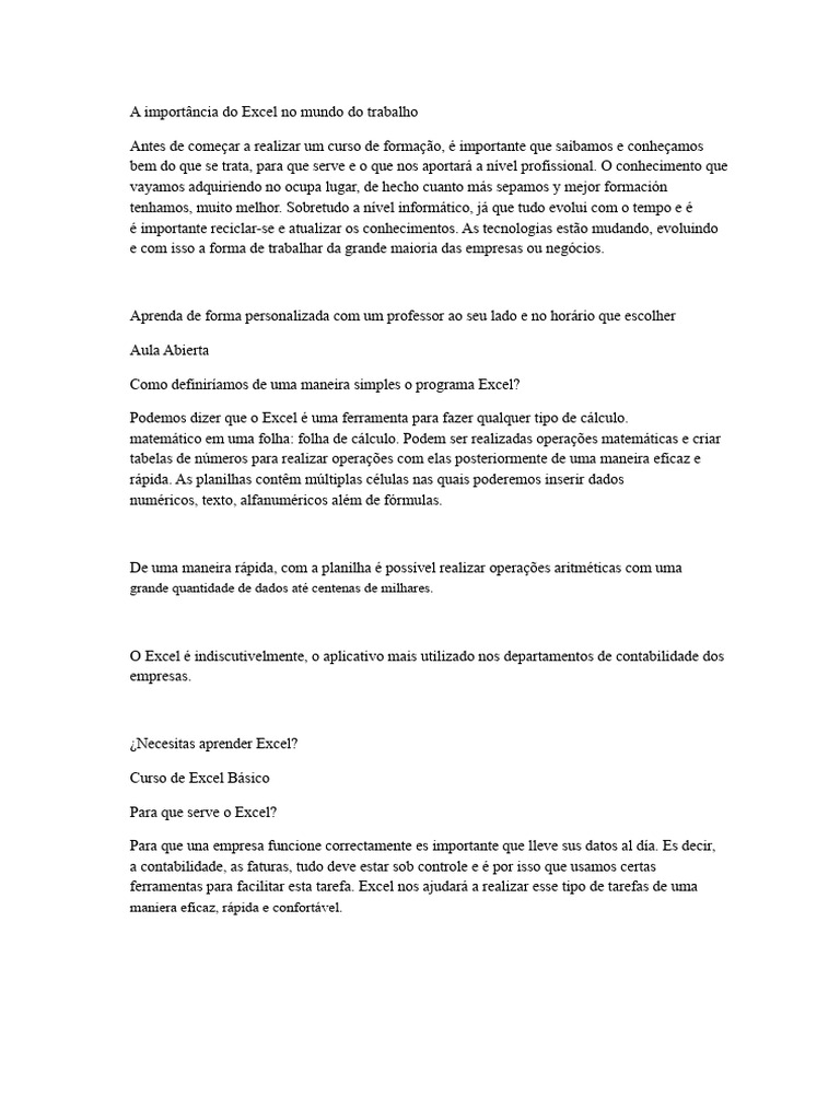 A Importância do Excel no Trabalho | PDF | Microsoft Excel | Planilha