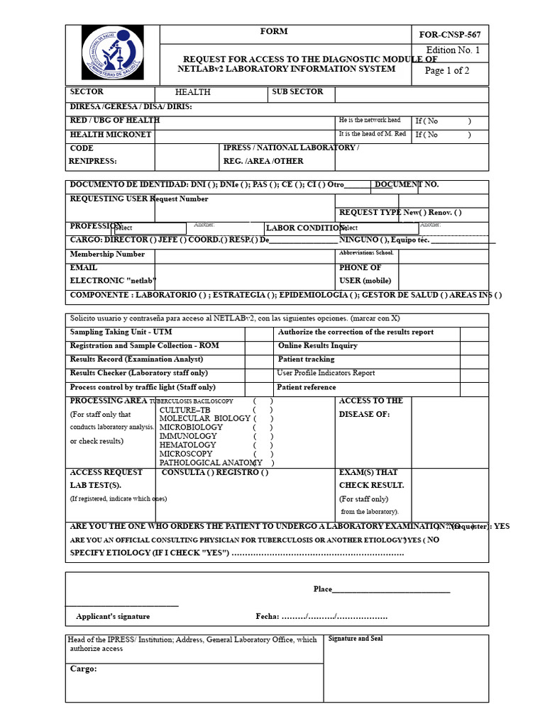Form For Netlabv2 Access For567 | PDF | Pathology | Medicine