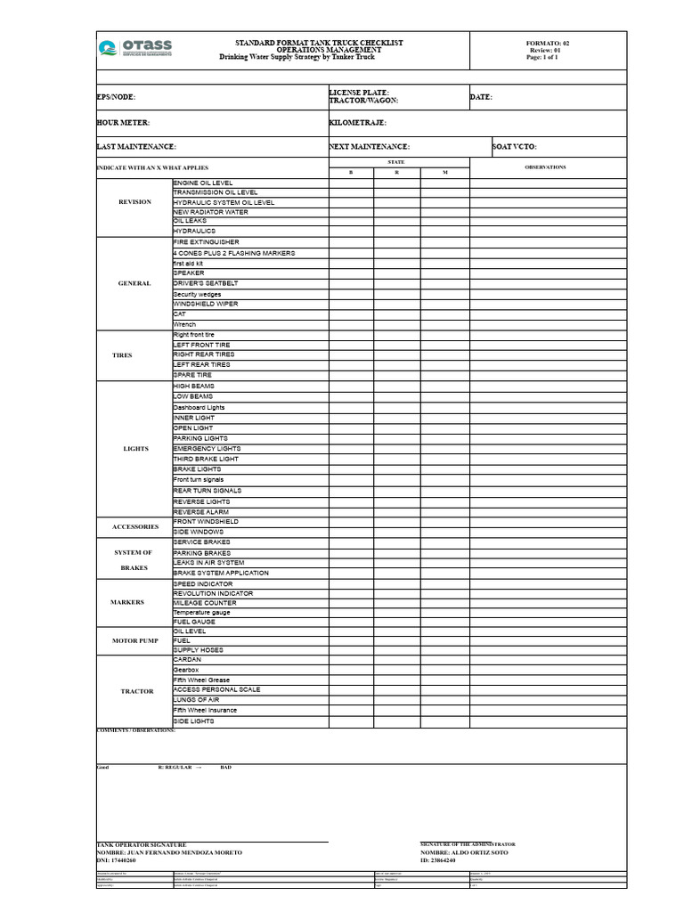 Tank Truck Operations Checklist | PDF | Brake | Truck