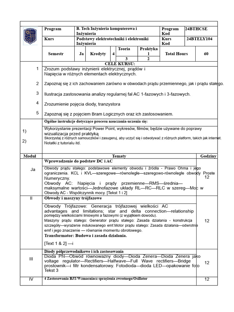 Program Nauczania Z Zakresu Elektrotechniki I Elektroniki | PDF
