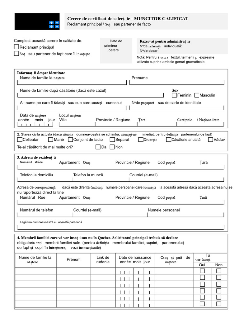 Cerere de Certificat de Selecție Quebec (CSQ) | PDF