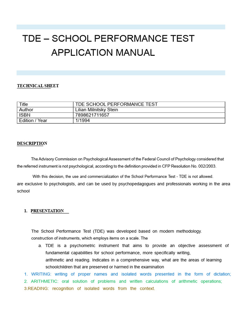 TDE - Explanatory Manual | PDF | Arithmetic | Psychology