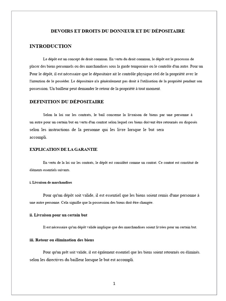 Droits et Devoirs du Donneur et Dépositaire | PDF