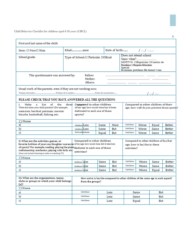 Child Behavior Checklist (CBCL) 6-18 Years | PDF | Psychological ...