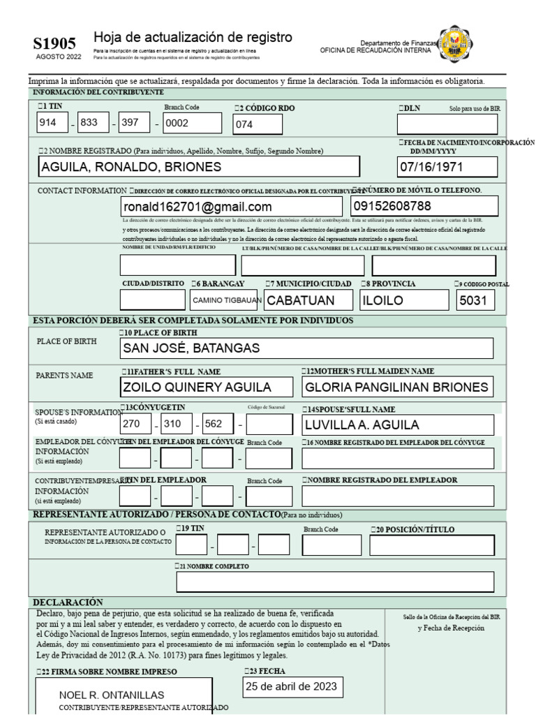BIR S1905 - Hoja de Actualización de Registro PDF | PDF