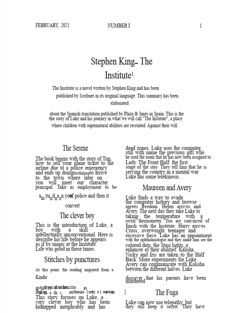 Stephen King's "The Institute" Summary | PDF