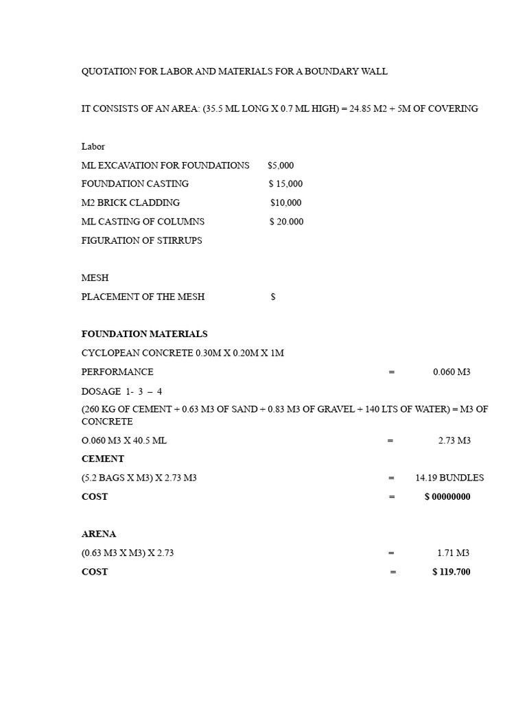 Quotation For Labor and Materials For A Fence Wall | PDF | Concrete | Wall