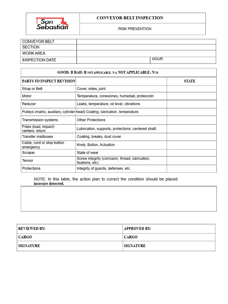Conveyor Belt Inspection Checklist | PDF