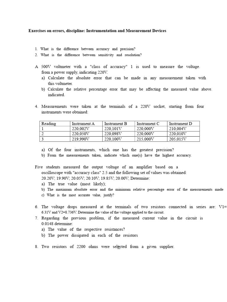 Instrumentation Measurement Error Exercises | PDF | Voltage | Resistor