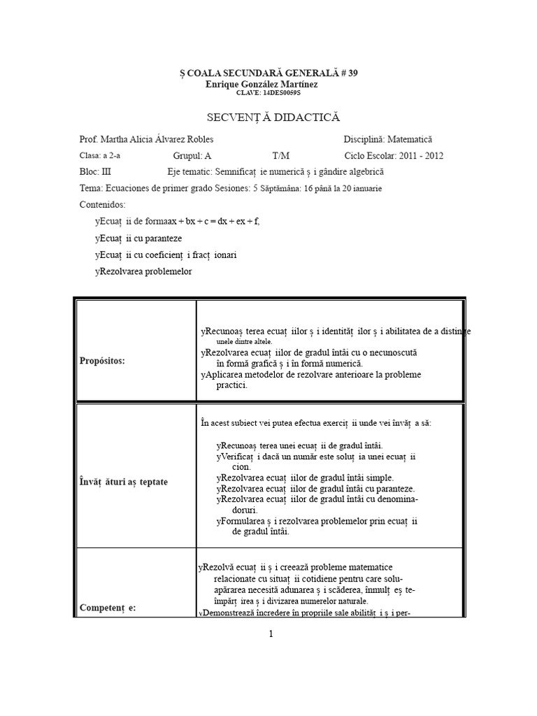 Plan de Lecție Pentru Ecuații de Gradul I | PDF