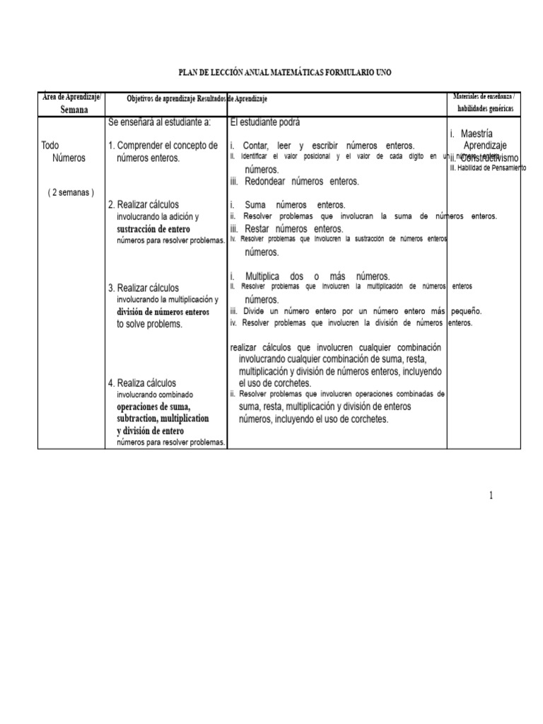 Plan Anual de Matemáticas 1er Grado | PDF | Sustracción | Ángulo