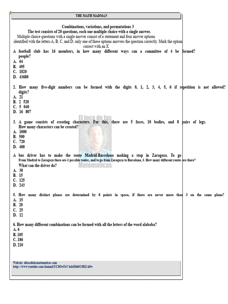 Math Combinations and Permutations Quiz | PDF | Multiple Choice ...