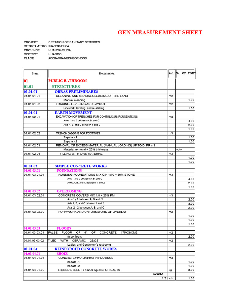 Sanitary Services Measurement Sheet | PDF | Wall | Foundation (Engineering)