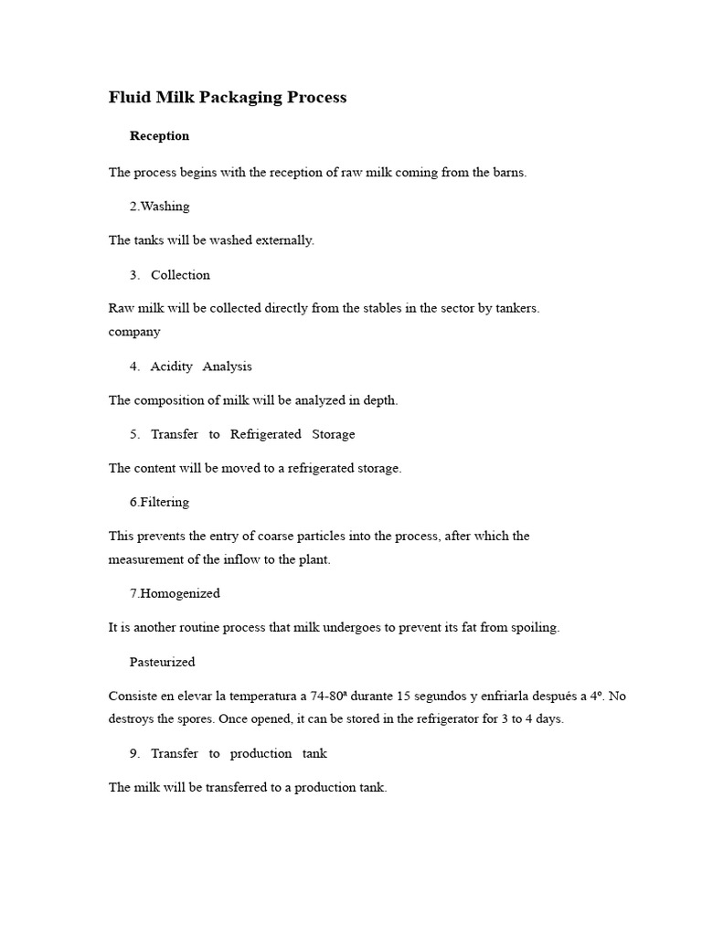 Fluid Milk Packaging Process Overview | PDF | Milk | Refrigeration