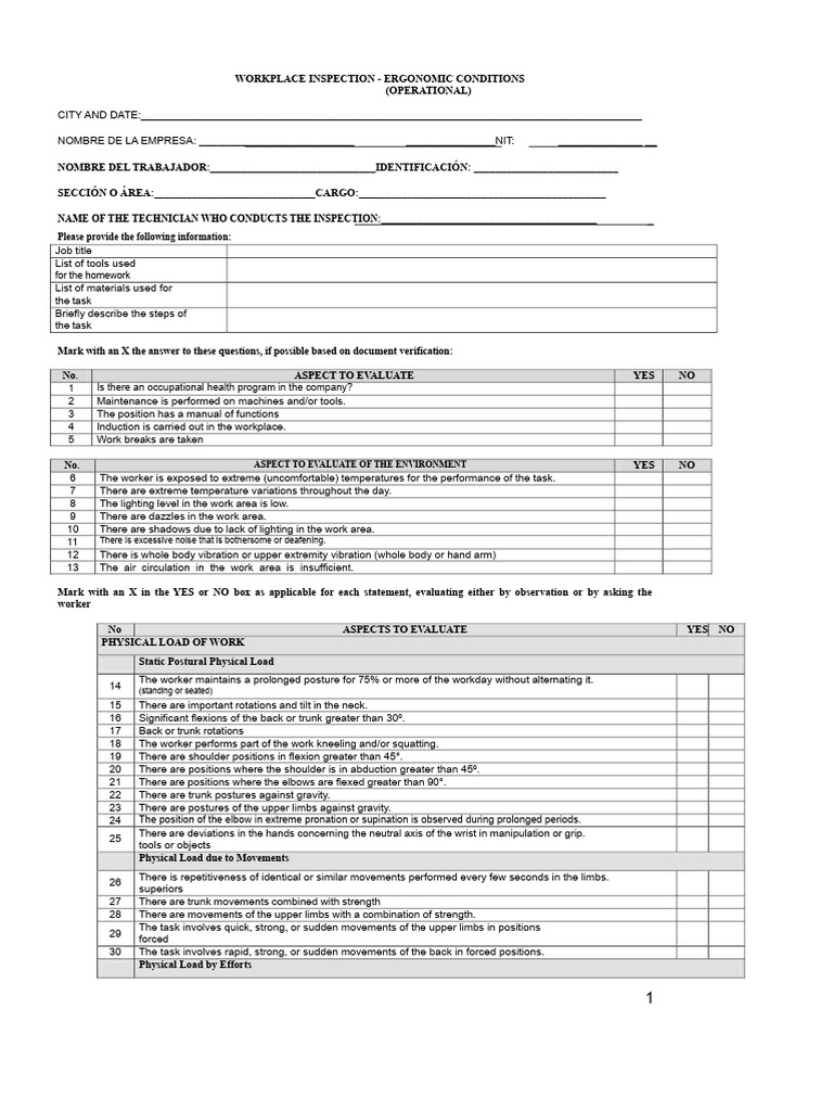 Ergonomic Workplace Inspection Checklist | PDF | Anatomical Terms Of ...