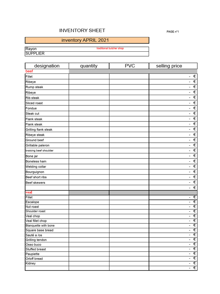 April 2021 Butcher Shop Inventory Sheet | PDF | Steak | Beef