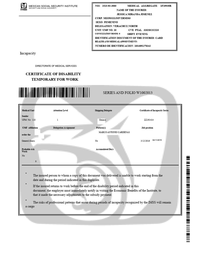 IMSS Disability Certificate for Jessica Jimenez | PDF | Social Policy