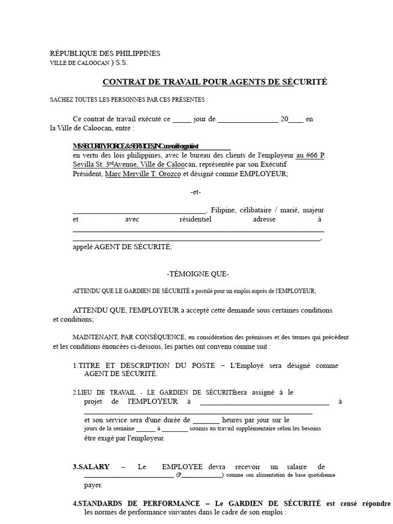 Contrat de travail pour agents de sécurité | PDF | Sécurité | Salaires