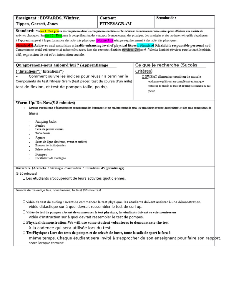Plan de Cours-Fitnessgram | PDF | Physique