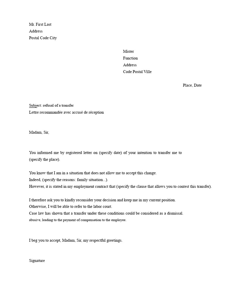 Refusal of Job Transfer Letter Template | PDF