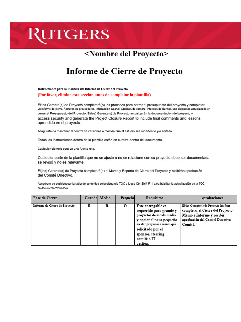 Informe de Cierre de Proyecto PMO | PDF | Presupuesto | Planificación