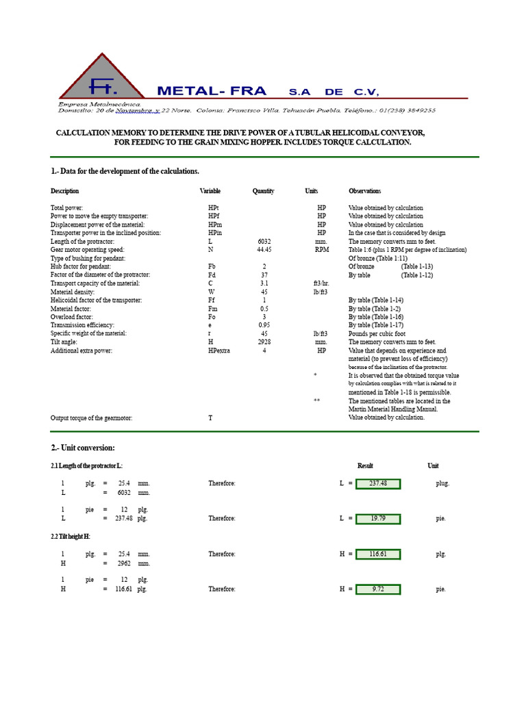 Calculation report of the power and torque design for the screw ...