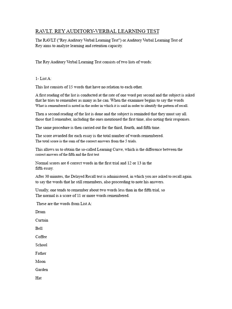 Rey Auditory Verbal Learning Test Guide | PDF | Recall (Memory) | Memory