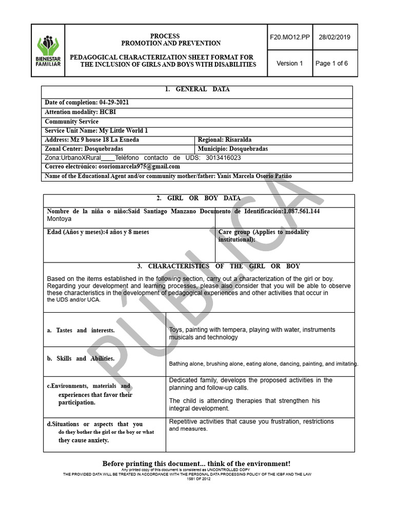 Pedagogical Characterization Sheet For The Inclusion of Children With ...
