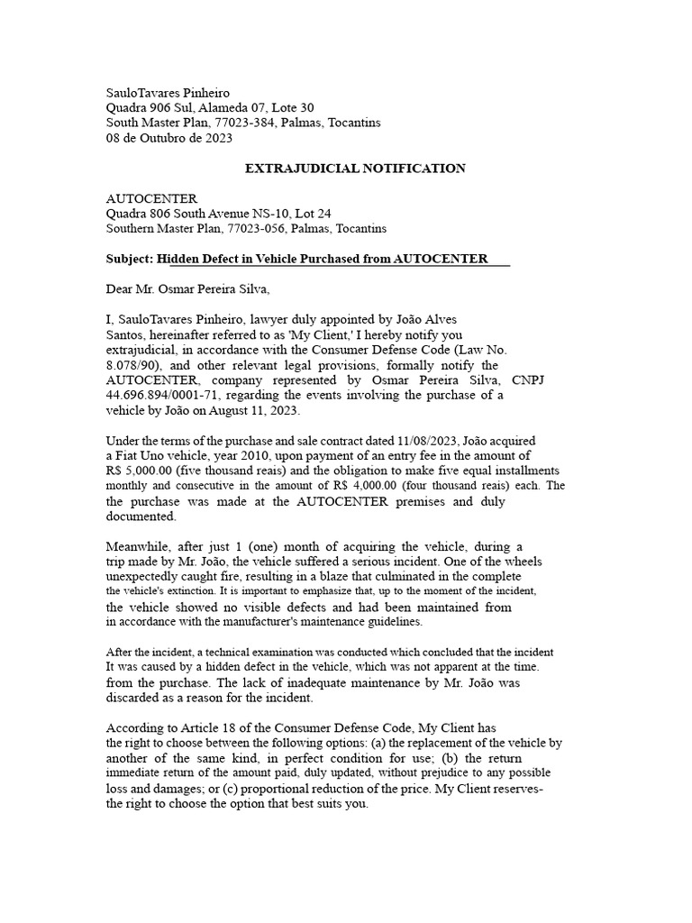 Extrajudicial Notification for Vehicle Defect | PDF | Lawsuit | Damages