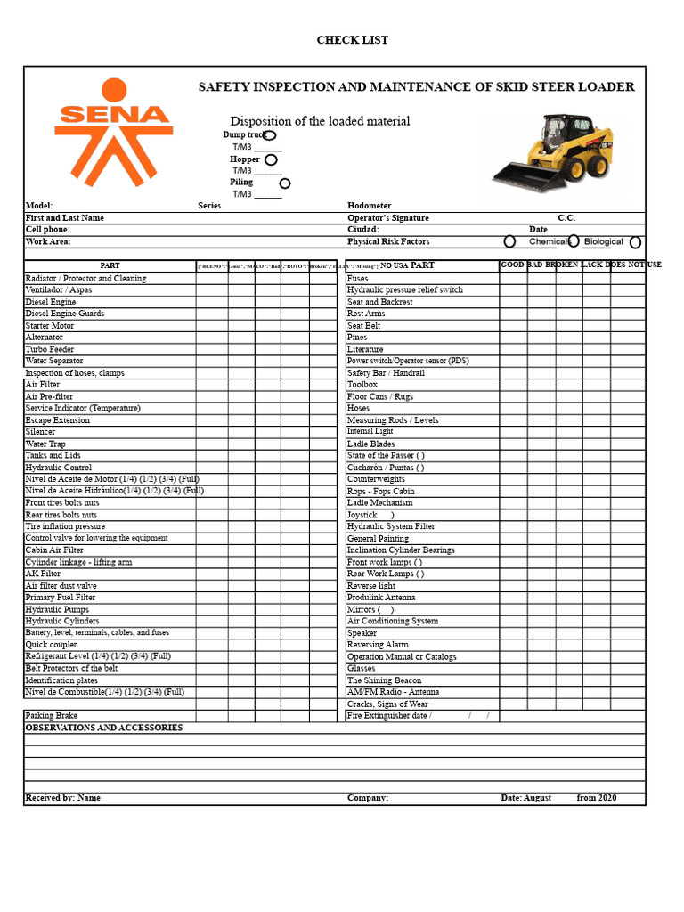 Skid Steer Loader Safety Checklist | PDF | Machines | Seat Belt