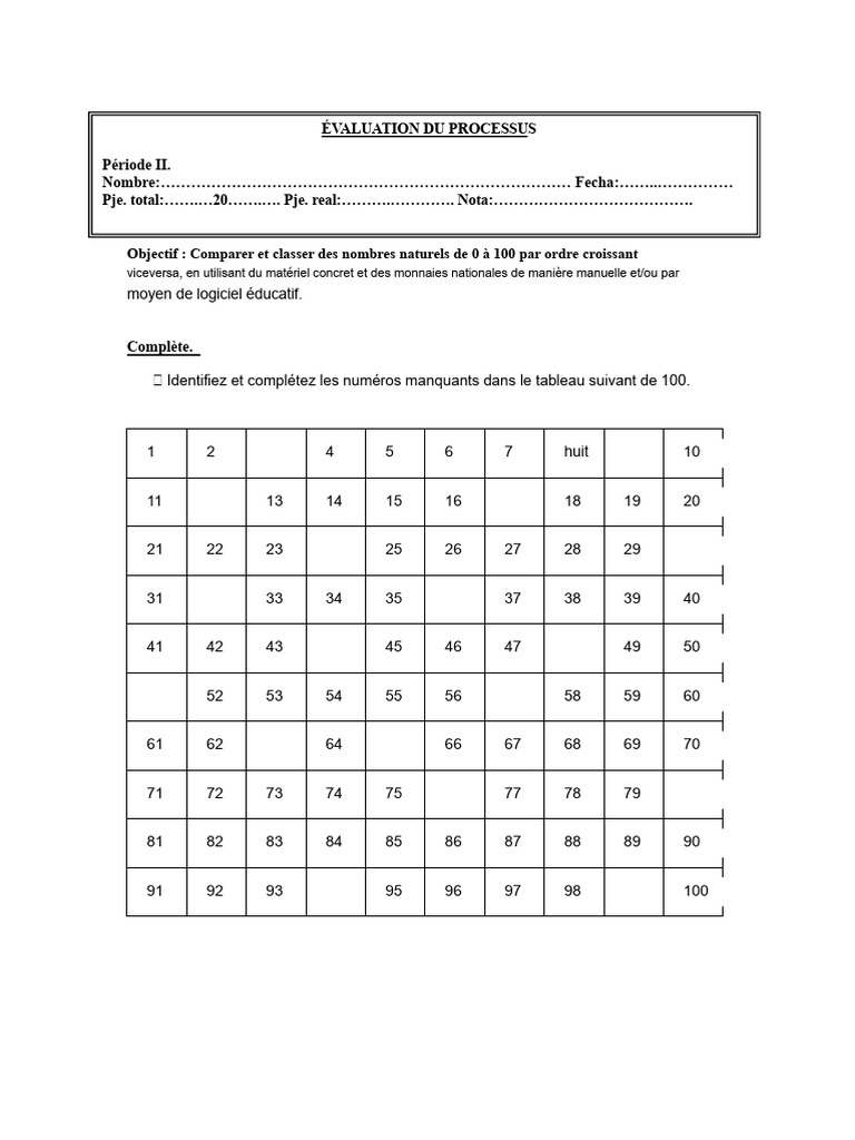 Table Des Nombres de 0 À 100 | PDF