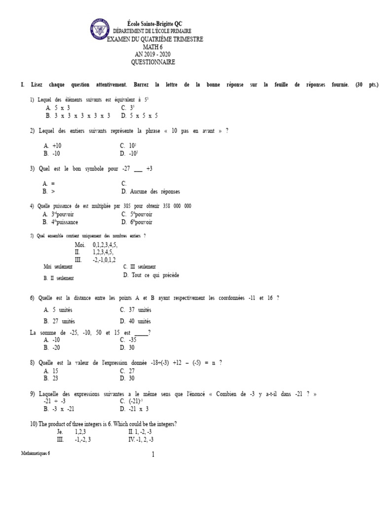 Examen Mathématiques 6 - École Sainte-Brigitte | PDF | Équations ...
