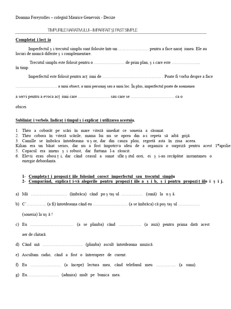 Timpurile Narativului Imperfect Trecut Simplu | PDF
